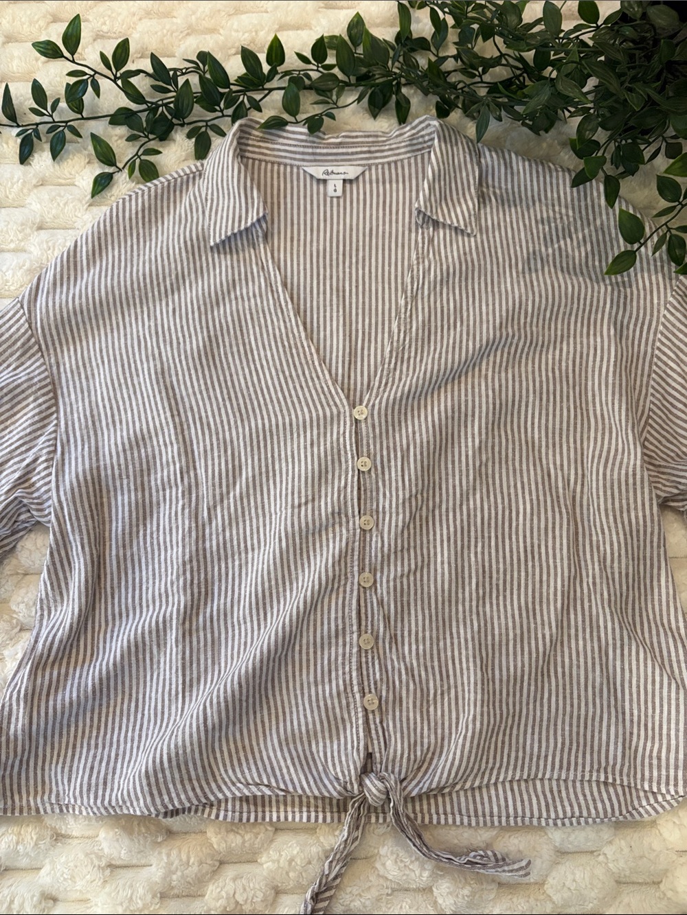 Reitmans Taupe and White Striped Button-Front Tie Shirt